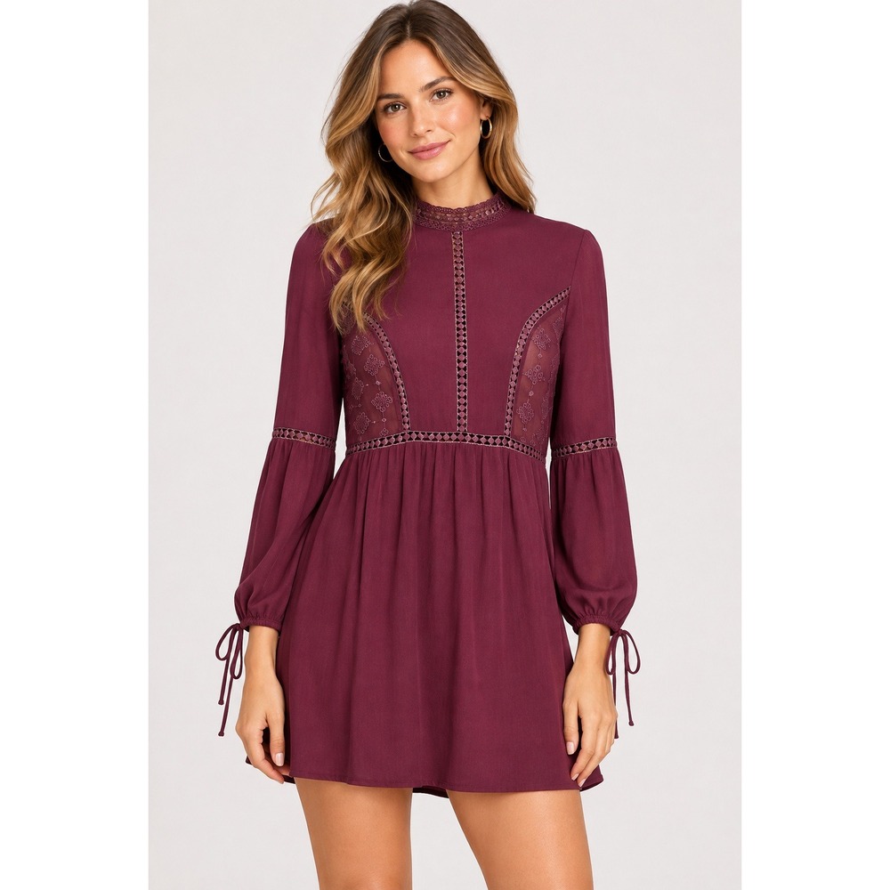 Sage The Label Mini Dress Womens S Burgundy Excellent Boho Lace Embroidered